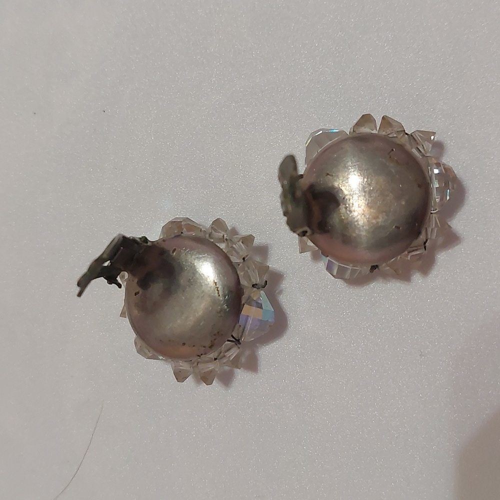 Vintage Germany AB Rhinestones Aurora Borealis Clip On Earrings - Picture 5 of 7